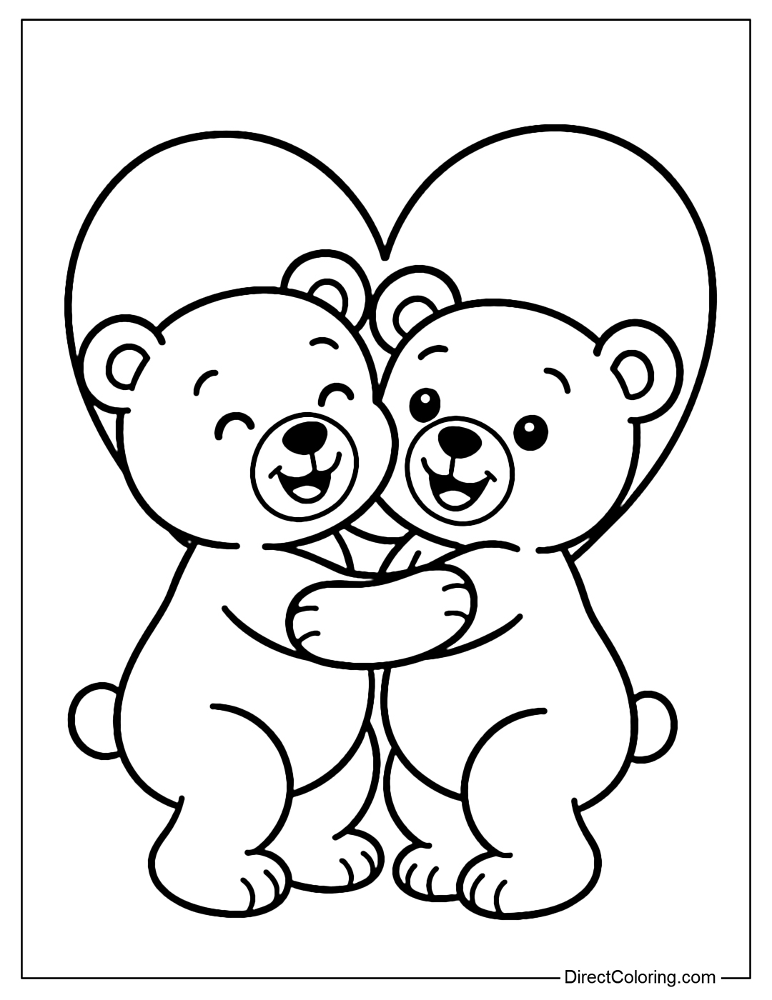 Coloring page of two little bears hugging each other happily, behind is a simple big heart.