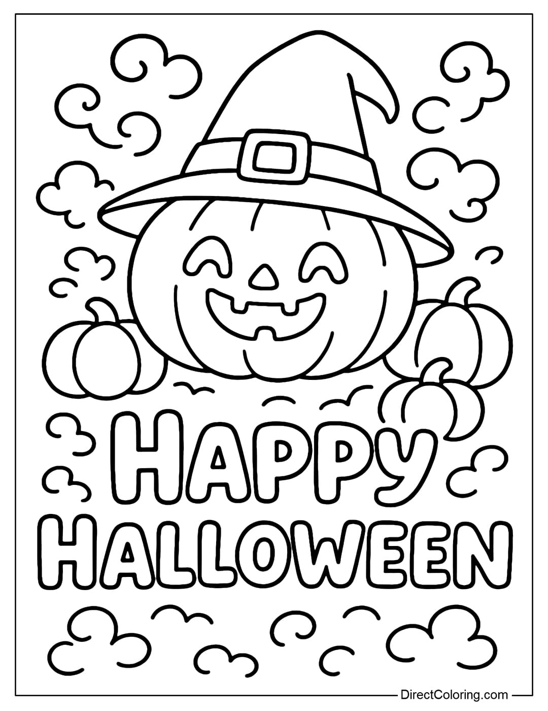 A coloring page of a pumpkin lantern with a witch hat, with the words Happy Halloween, surrounded by smoke and small pumpkins.