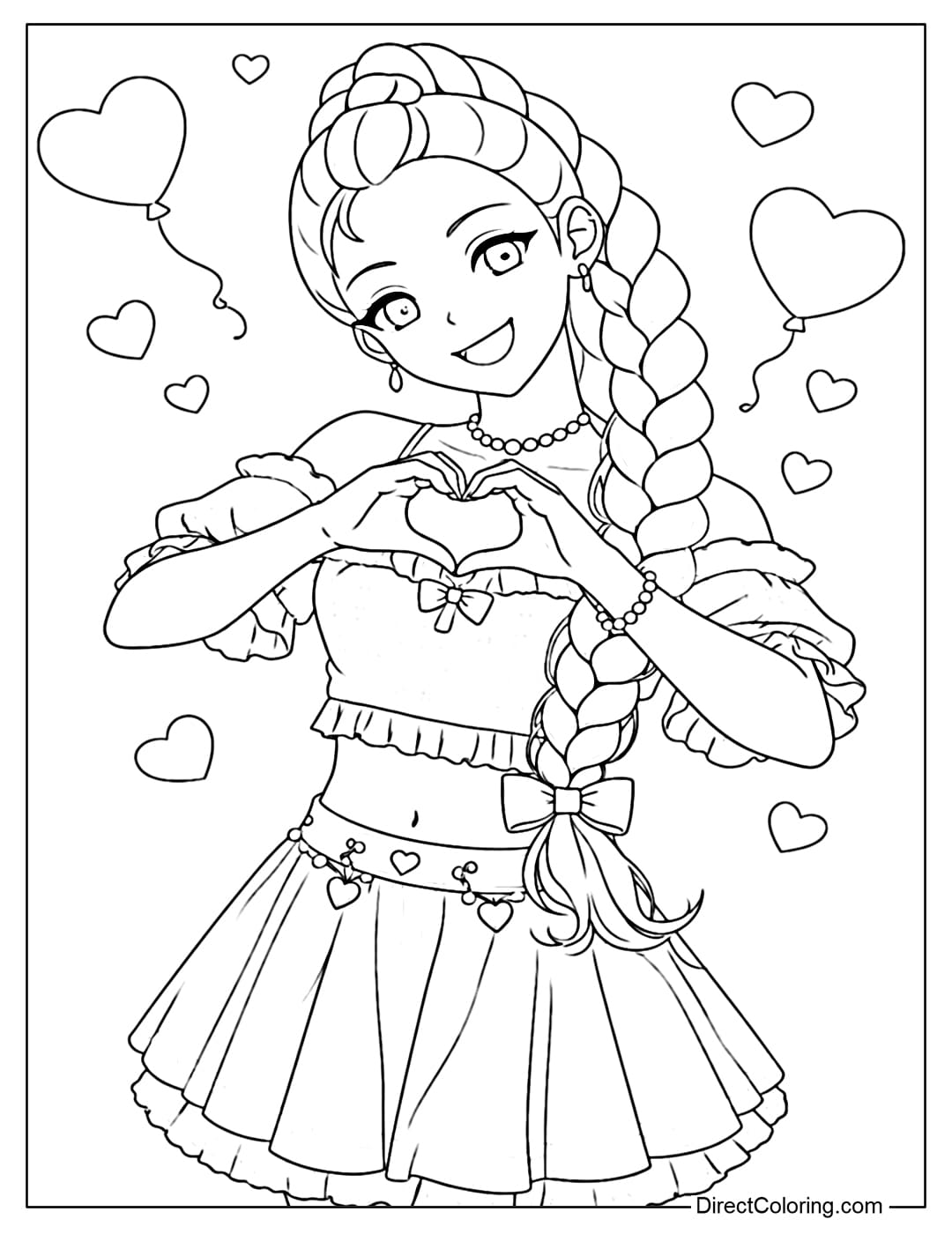 Kpop Demon Hunters Valentine coloring page: Rumi makes a heart shape with her hands in front of her chest, surrounded by hearts and balloons.