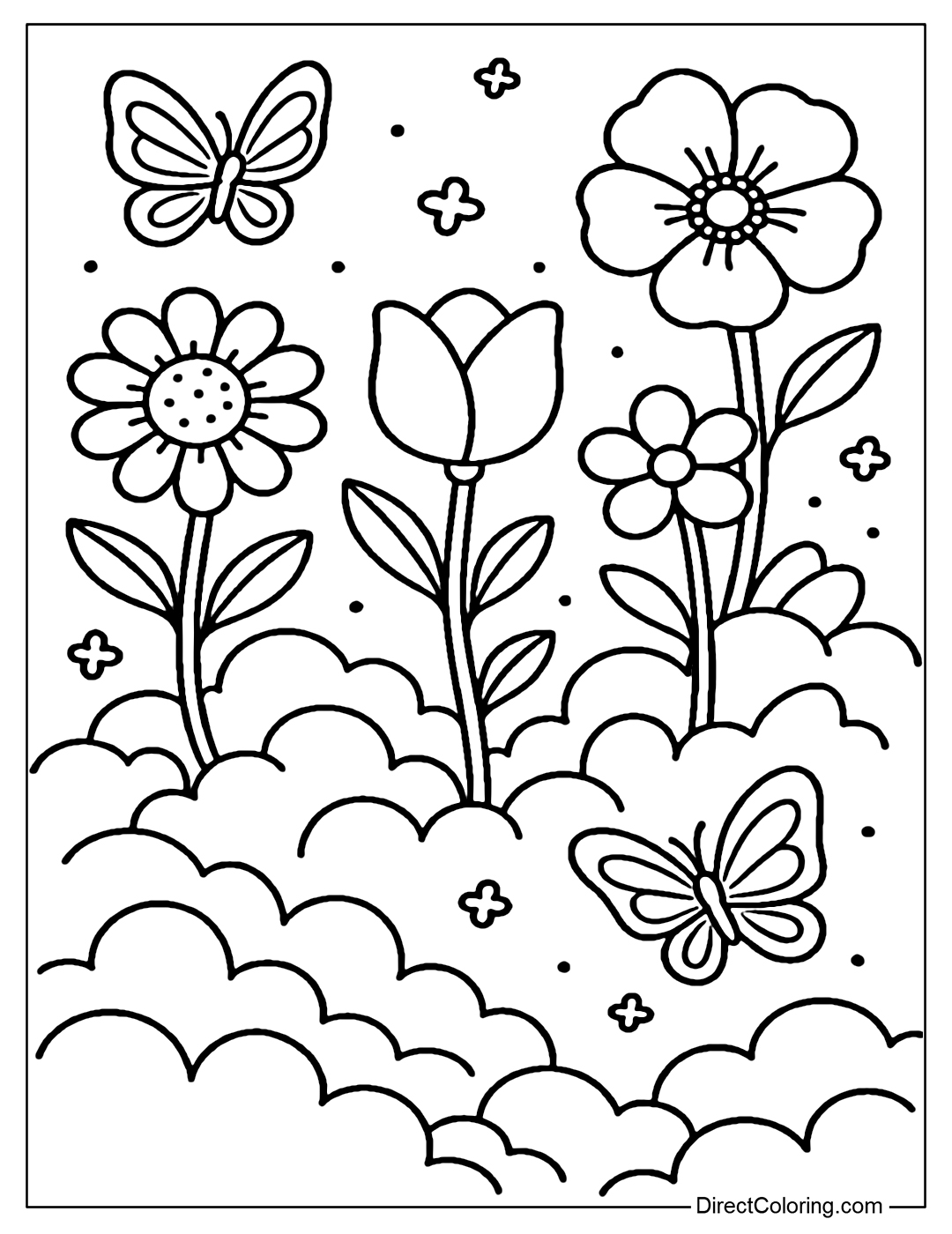 Giant flower garden coloring page on pastel misty clouds, blooming flowers, transparent butterflies flying.