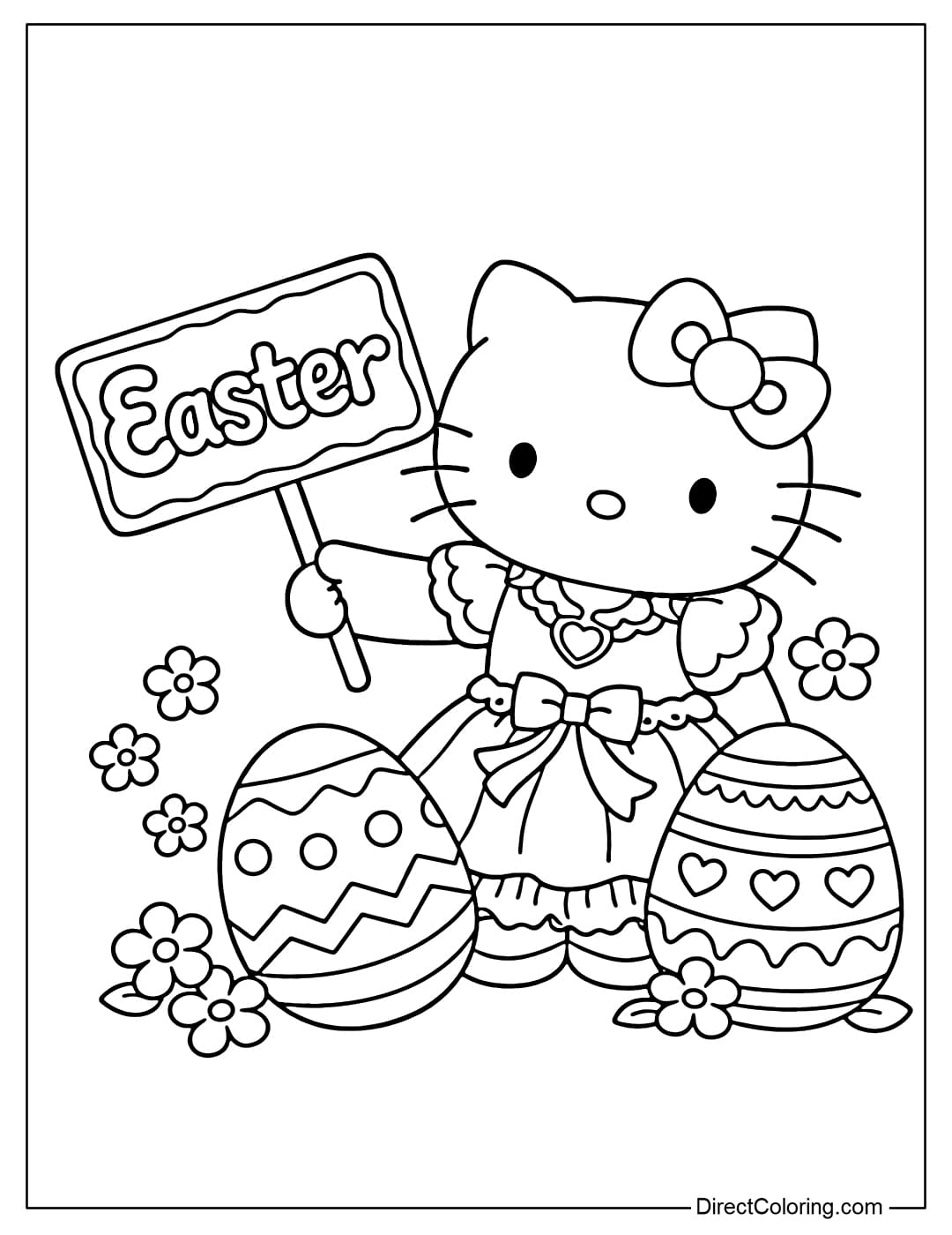 Hello Kitty, wearing a cute dress, is holding a sign that says 