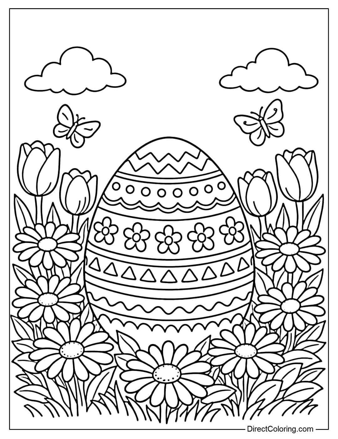 An Easter egg coloring page set amidst a garden of spring tulips and daisies.