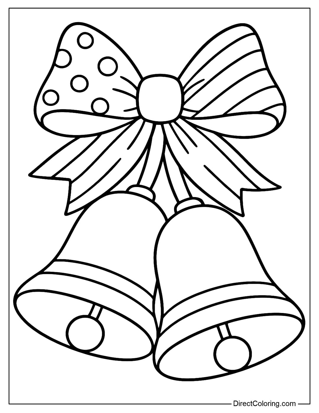 A Christmas bell coloring page with a large bow, polka dots and stripes on the bow.