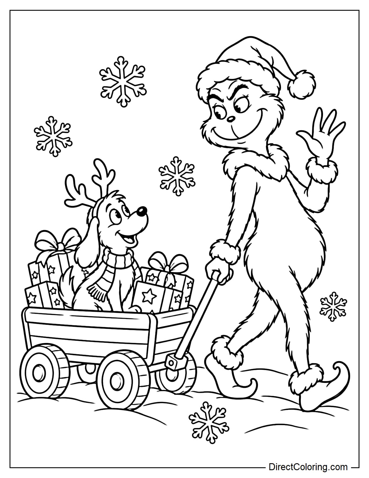 Grinch wears a Santa hat and happily pulls a wagon carrying Max, who wears reindeer antlers and sits among Christmas presents. Grinch looks back at Max with a mischievous smile.