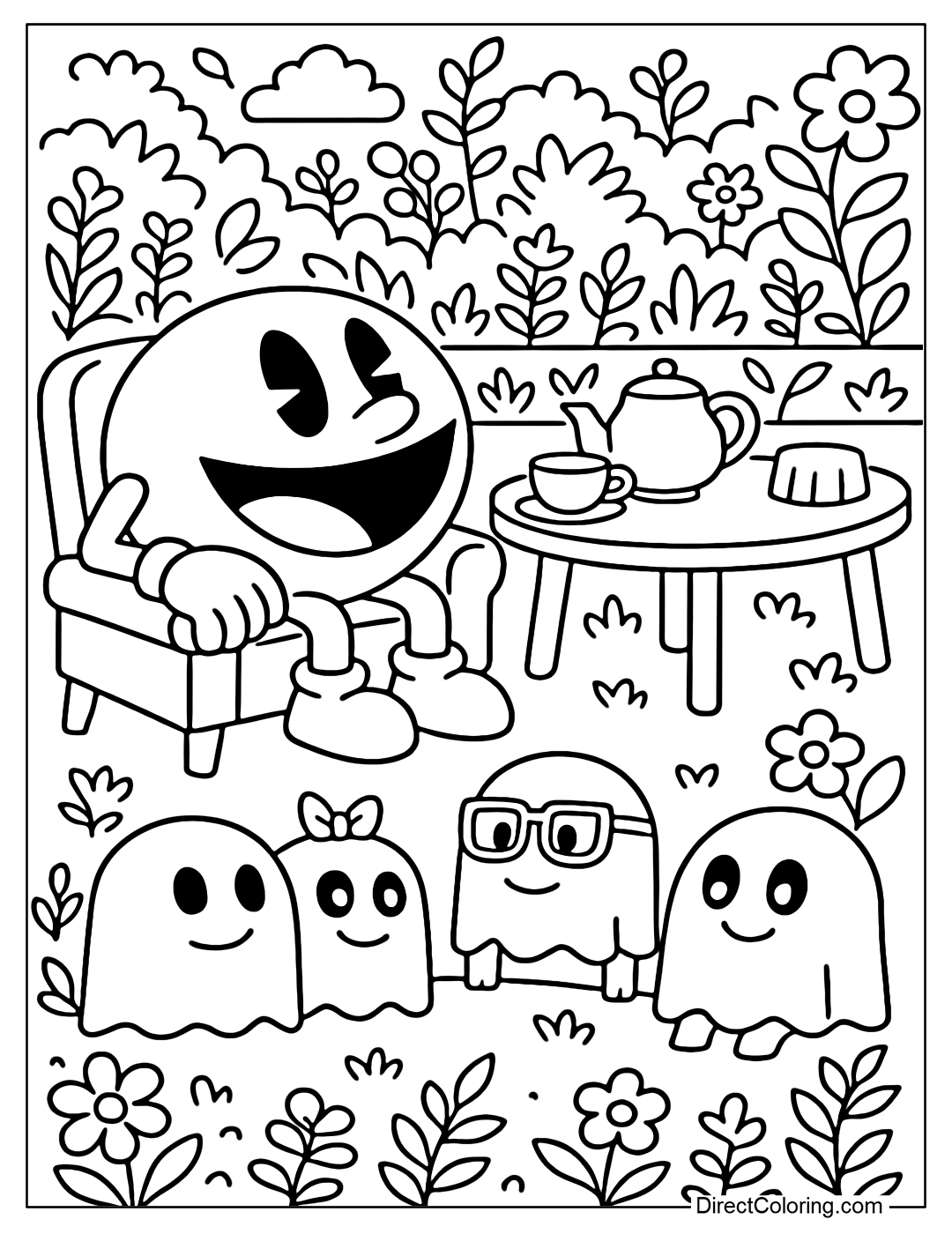 Coloring page of relaxing scene with Pac-Man sitting on a chair, by the tea table, ghosts transformed into friends sitting together, background is a gentle flower garden