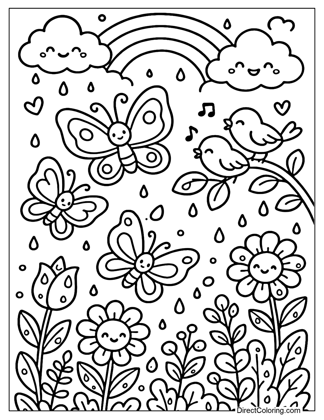 A butterfly garden coloring page after the rain, a rainbow appears in the sky, flowers and leaves still have water drops, butterflies fluttering with a few small sparrows