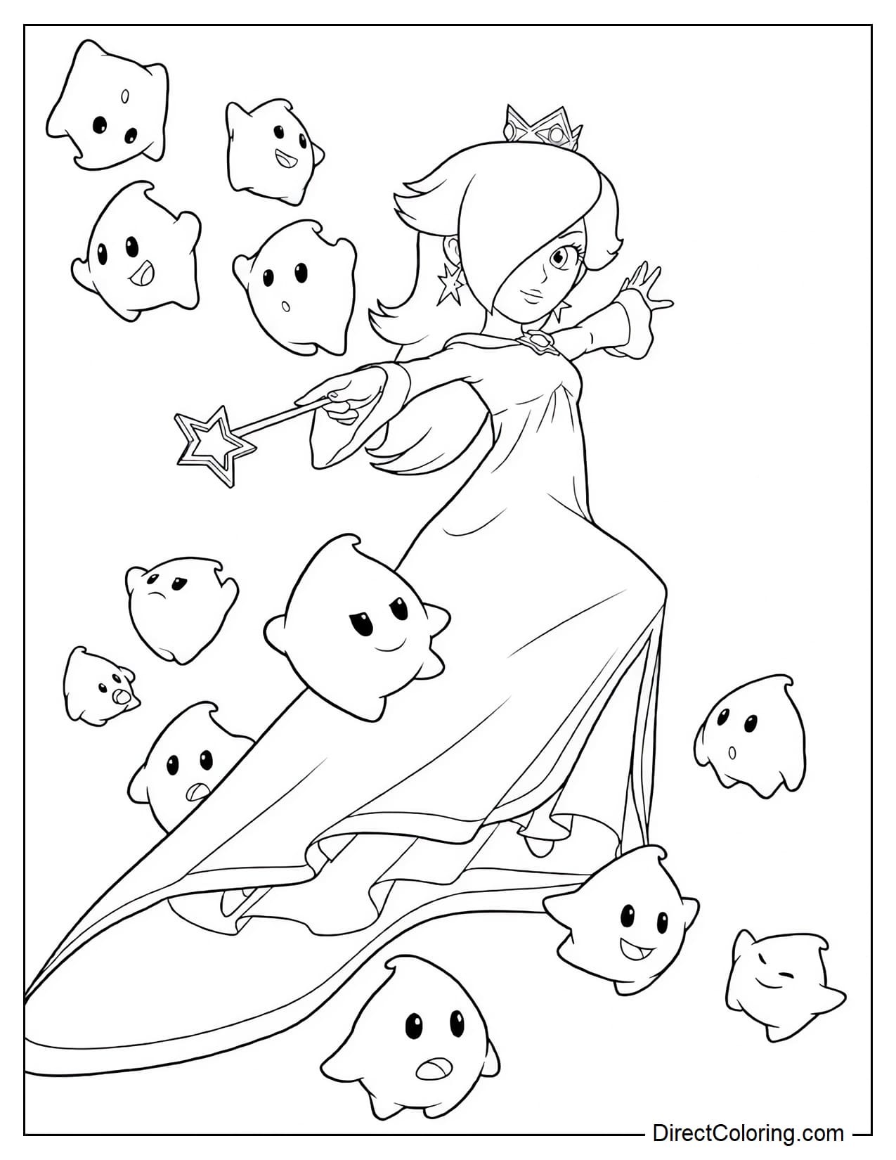 Beautiful Princess Rosalina gently waves her glowing magical wand while cheerful Luma creatures happily fly around her.