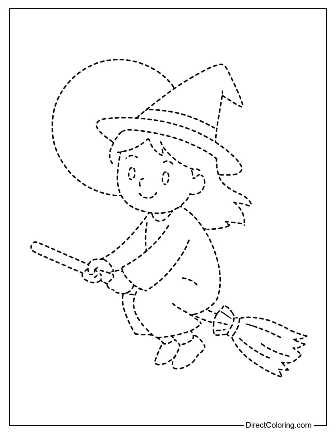 A little witch tracing coloring page riding a broom, with a pointed hat and a full moon behind.