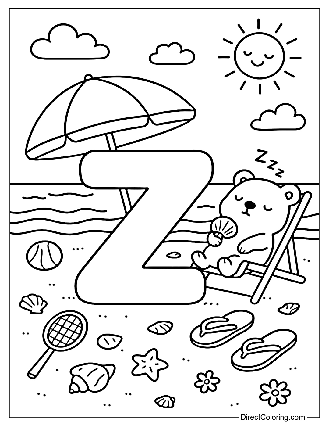 The letter Z coloring page is relaxing on a lazy summer afternoon on the beach.
