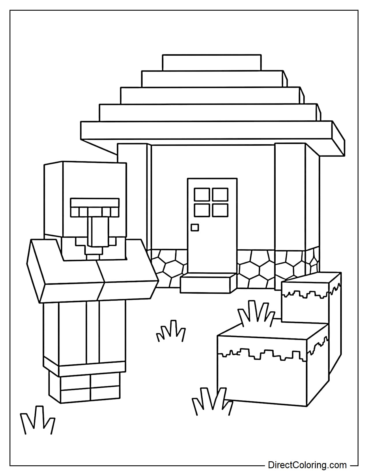 A Minecraft Villager stands in front of a simple village house with both hands held together in the familiar pose. The house has a simple roof, a square door, and a few grass blocks in front.