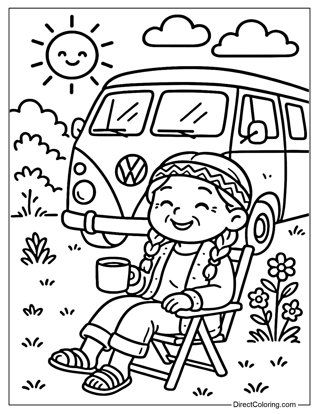 Coloring page Grandma chills with the old van, sitting comfortably on the folding wooden chair in front of the 70s style van, holding a cup of coffee.