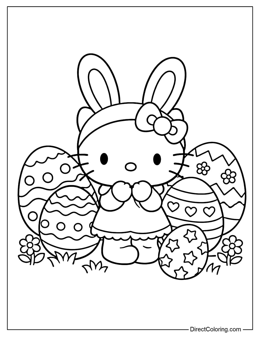 Hello Kitty is wearing cute Easter bunny ears, standing among several large Easter eggs.