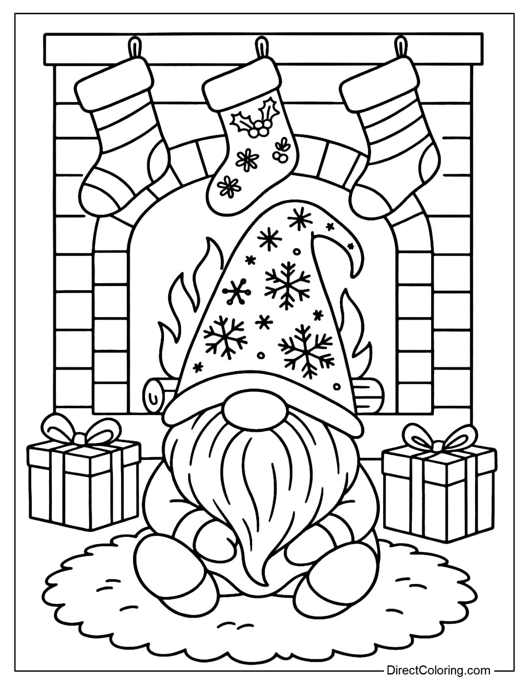 A coloring page of a Christmas gnome sitting in front of a fireplace with three large Christmas stockings, wearing a long, pointed hat with a snowflake pattern.