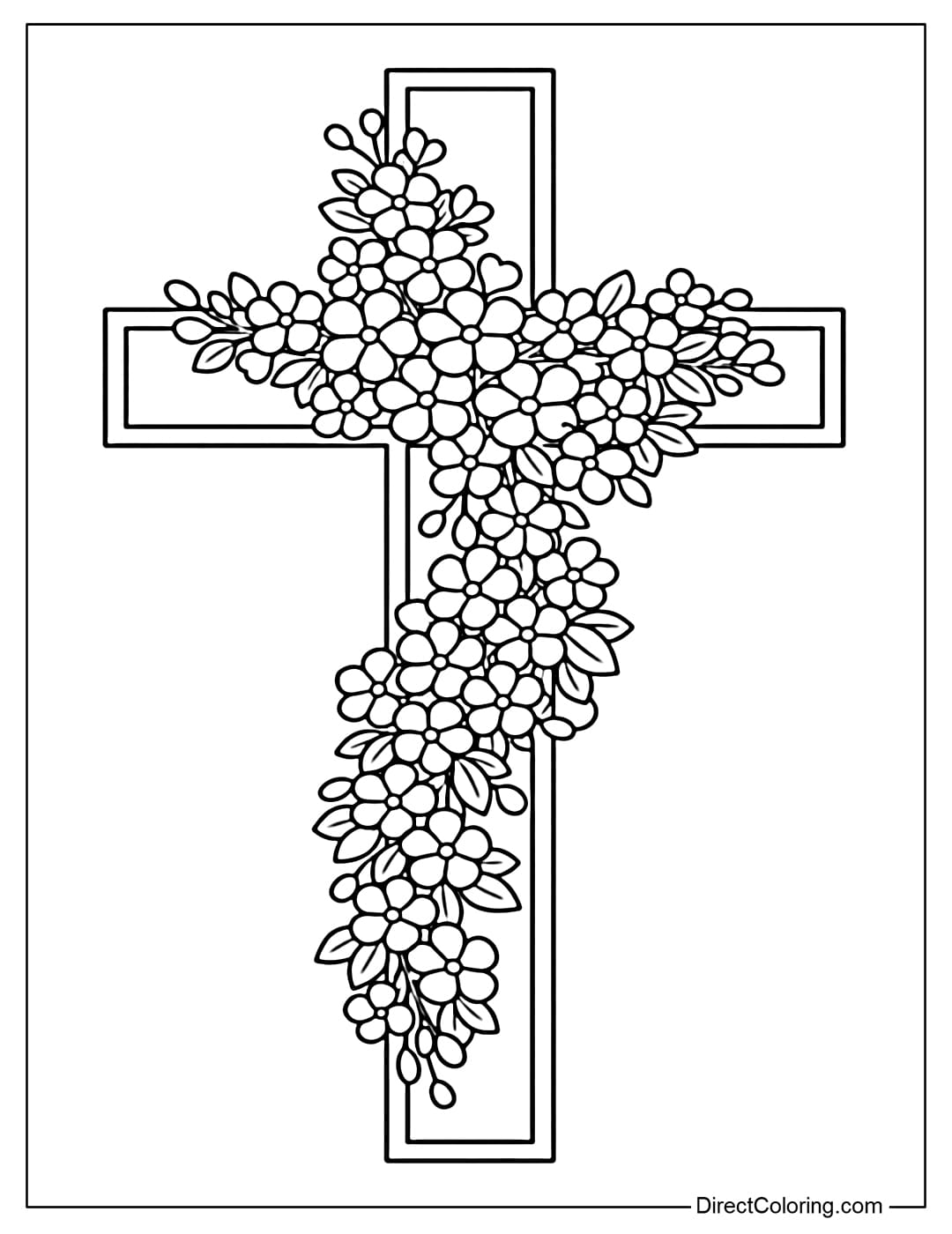 A cross coloring page with many small flowers blooming along the cross, creating a spring-like feeling.