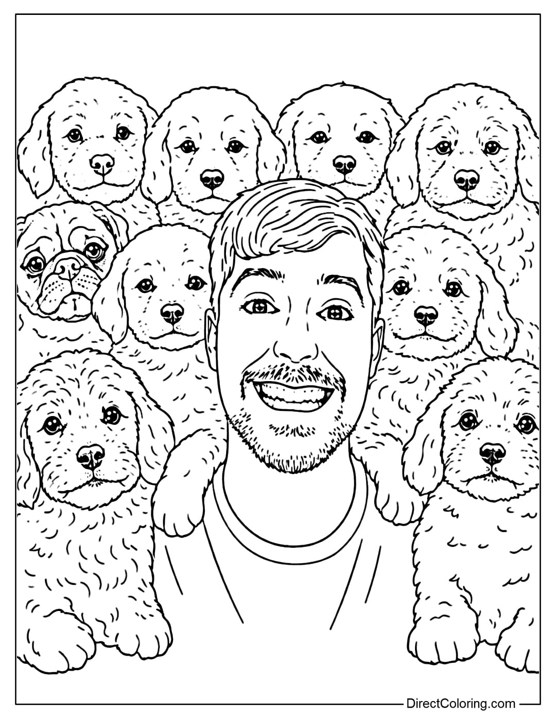 A coloring page of MrBeast smiling brightly, surrounded by puppies of various breeds crowding around MrBeast's face.