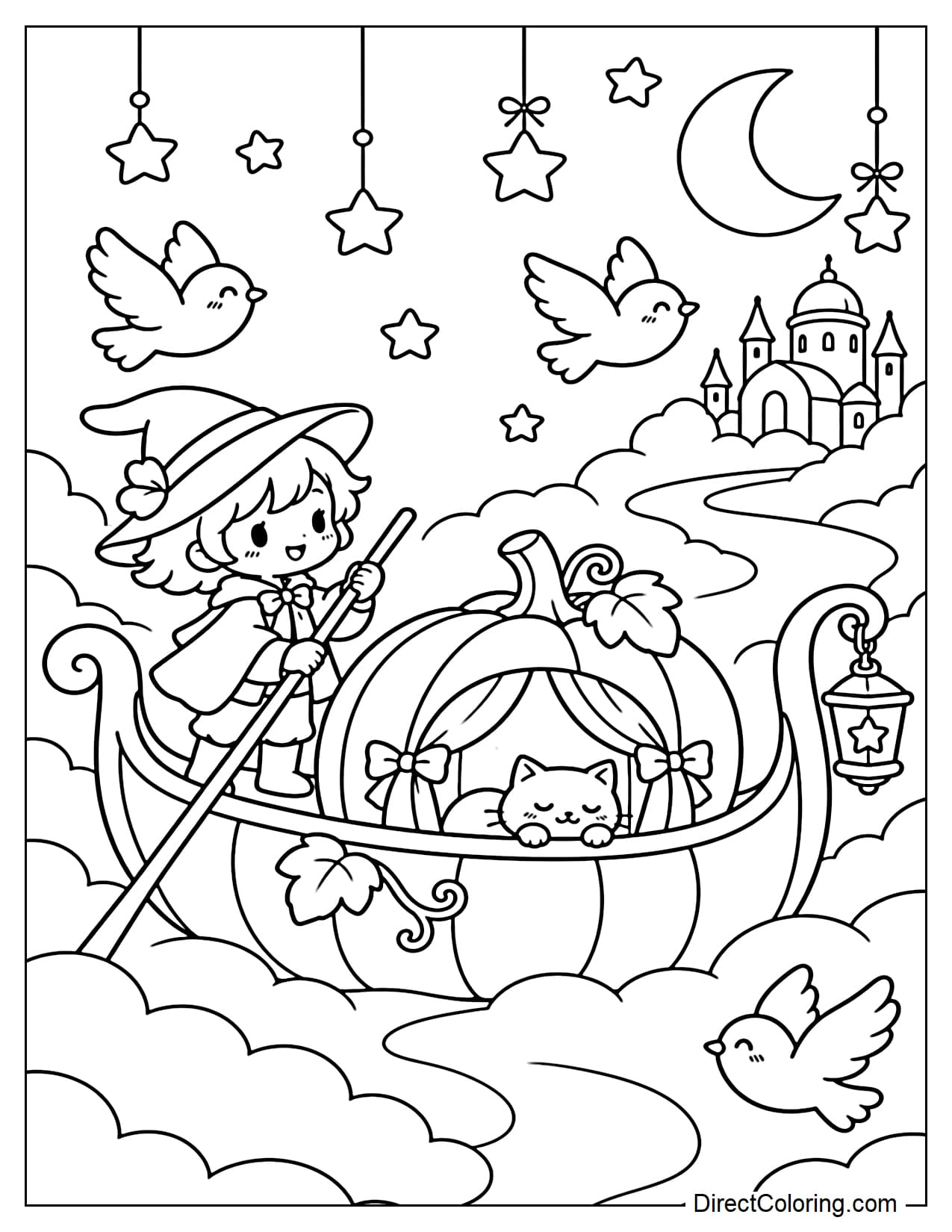 A small gondola with a pumpkin-shaped body floating through soft clouds, with a tiny character standing at the back holding an oar, surrounded by birds and floating stars.