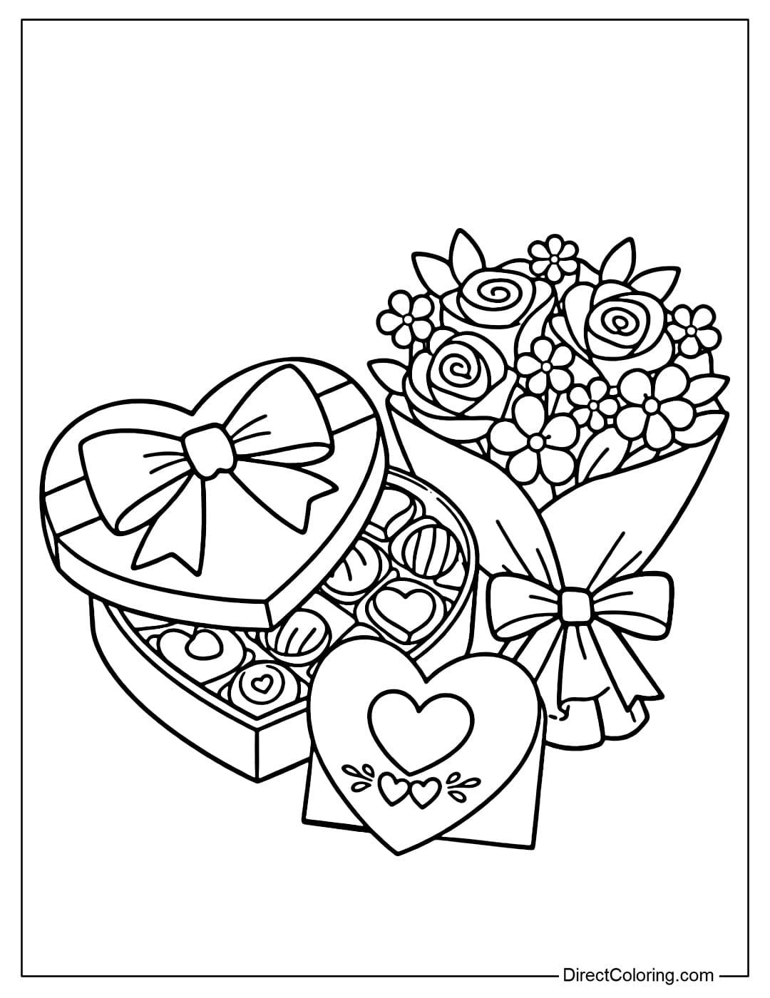 Coloring page for a Valentine's Day gift set including a box of chocolates, a small bouquet of flowers, and a heart-shaped card.