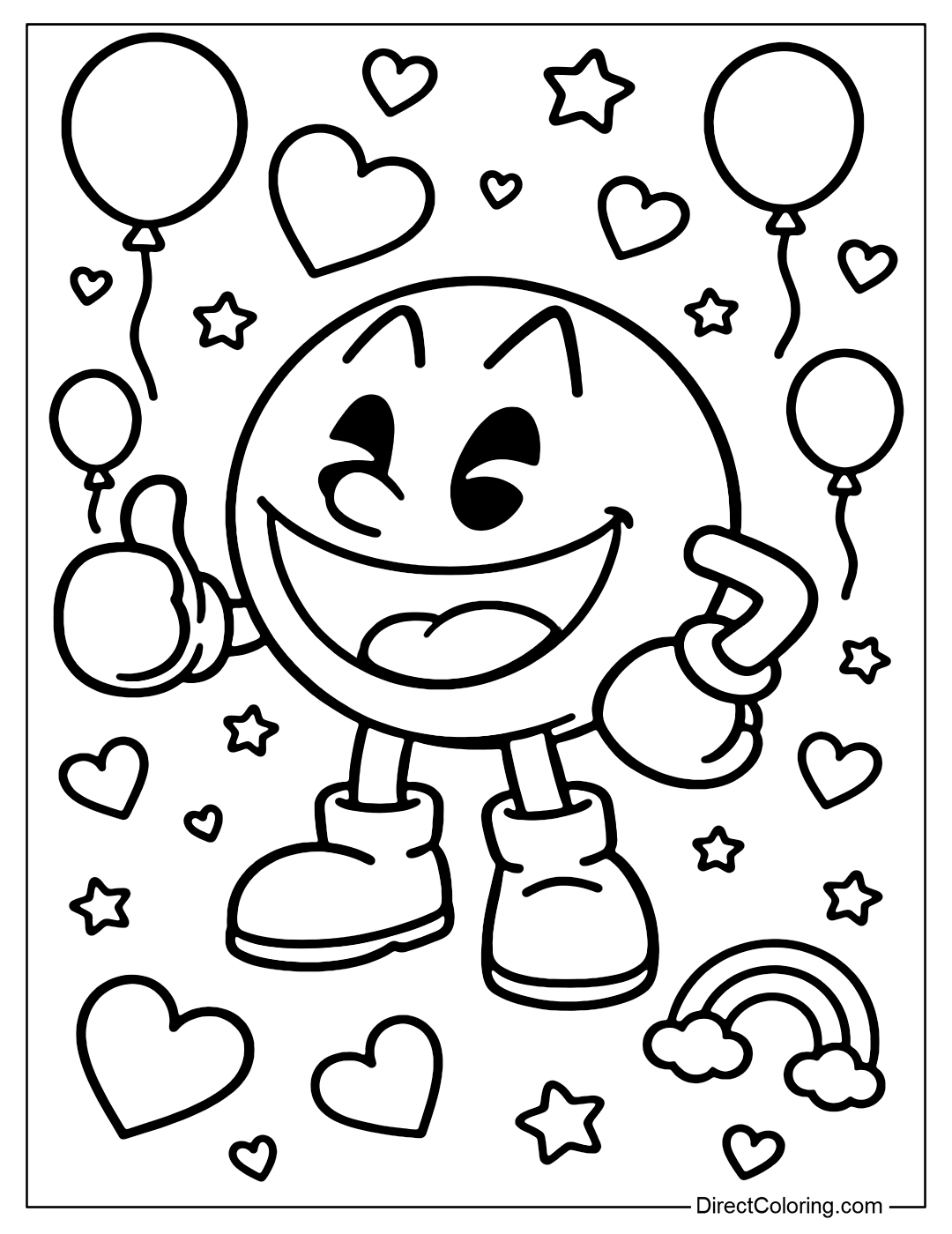 A coloring page of Pac-Man smiling happily, standing in a background filled with balloons and hearts.