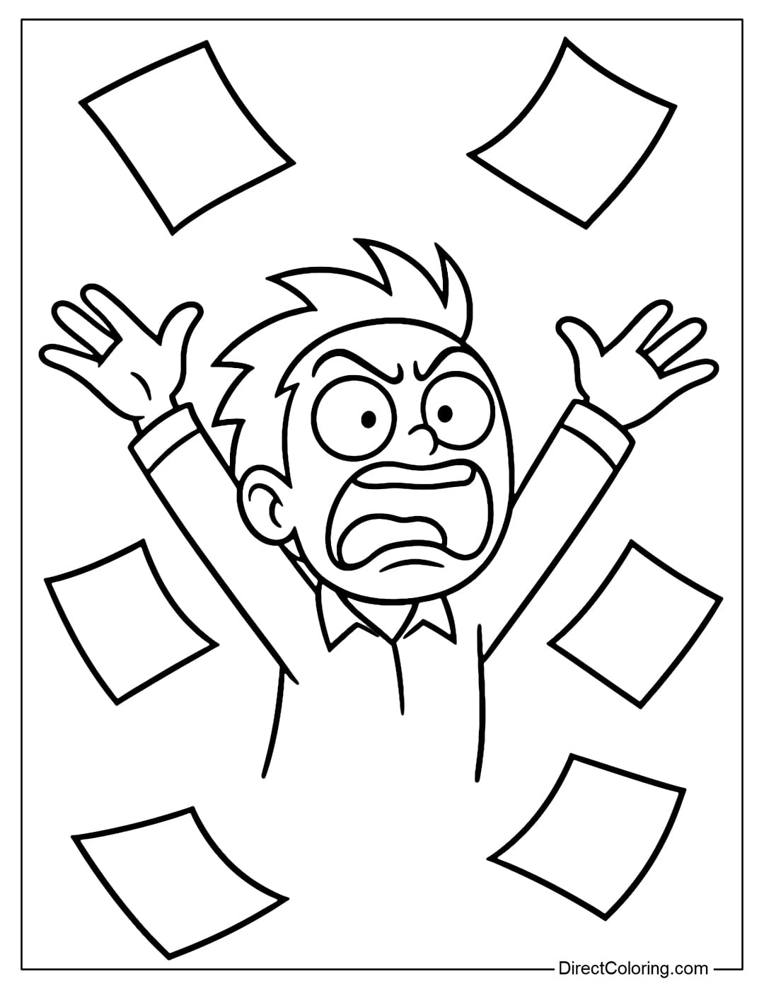 A character suddenly throwing papers flying everywhere, face both shocked and angry