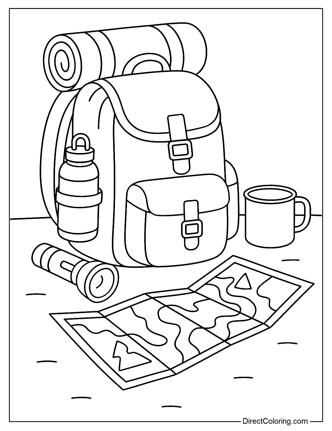a camping backpack coloring page with a map extended out to the side.