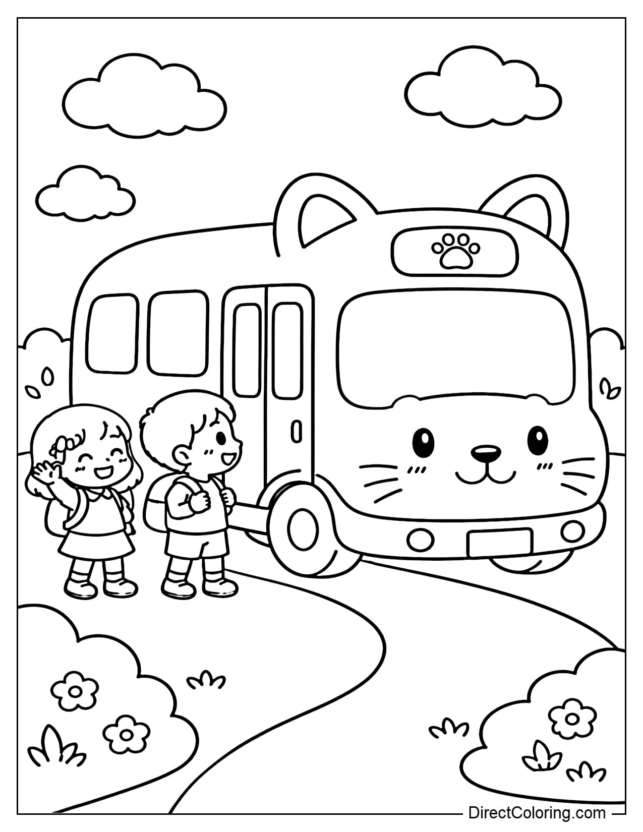 A round school bus shaped like a cat, with two students standing happily nearby.