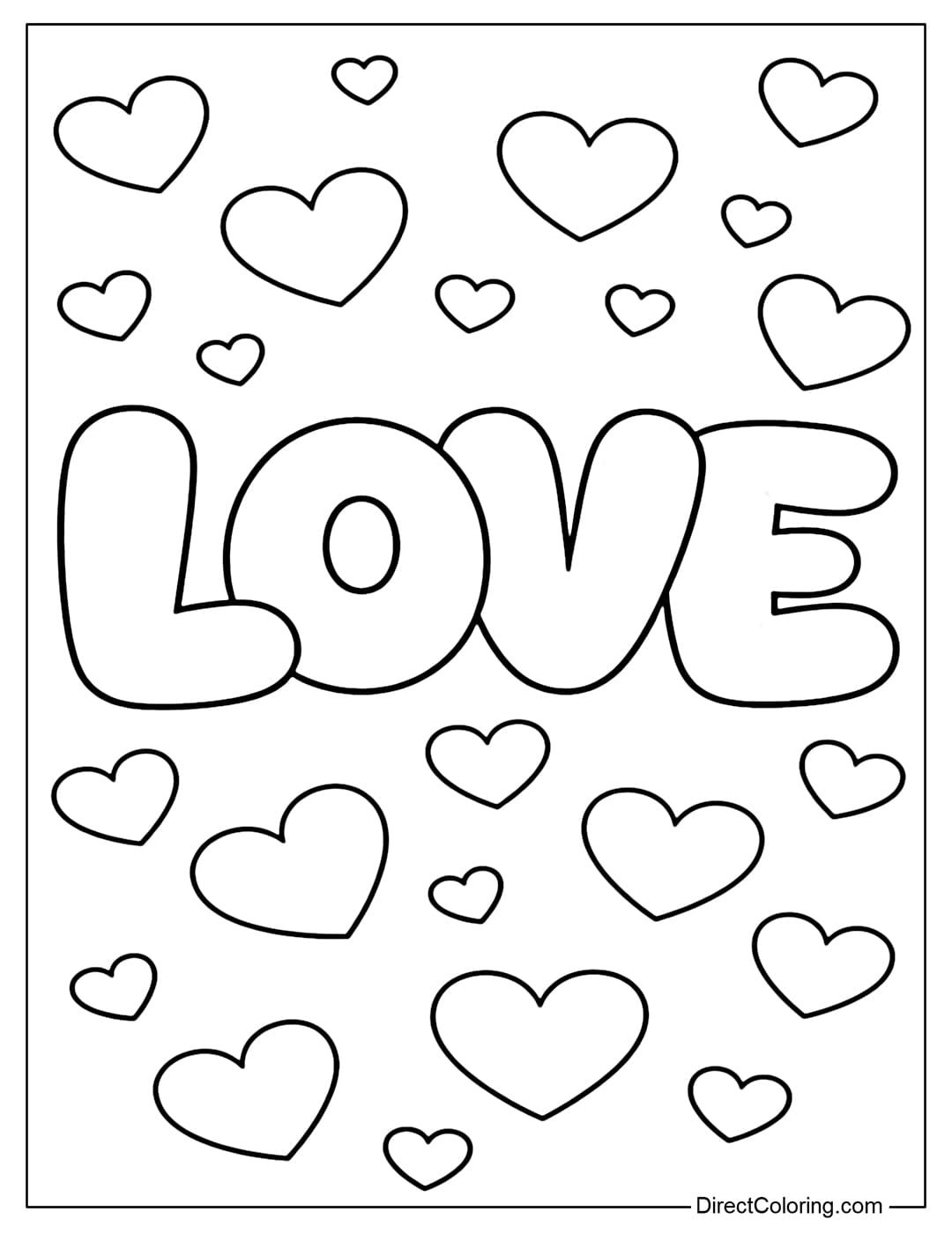 A coloring page for the word LOVE in uppercase with balloons, surrounded by many small floating hearts.