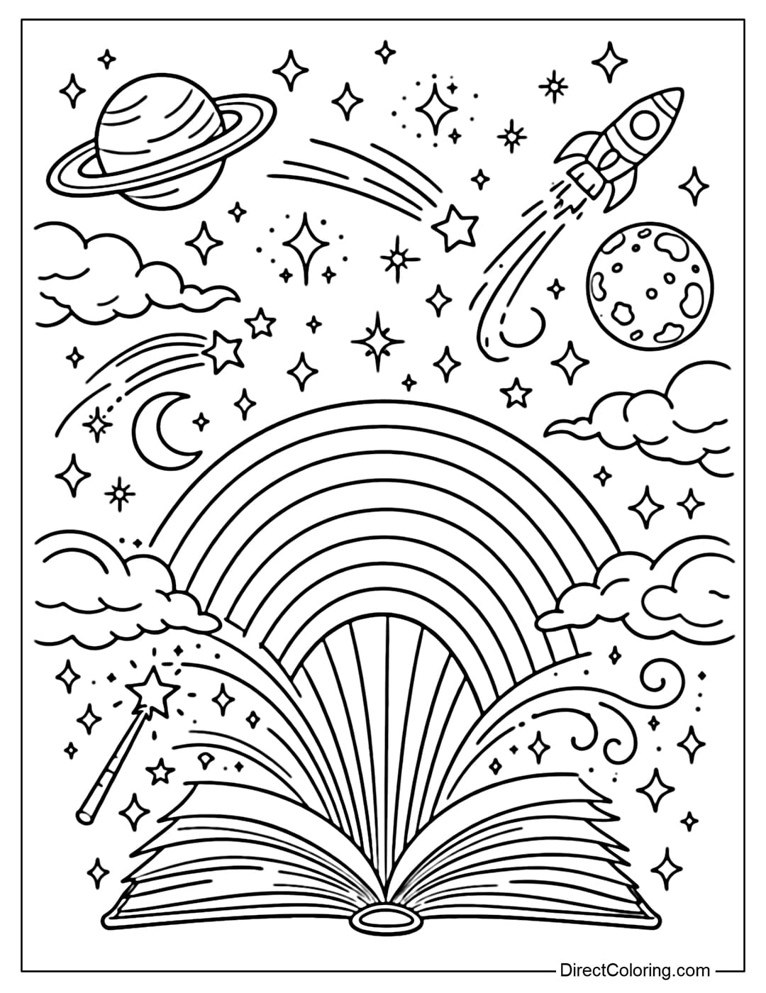 A coloring page of a rainbow emerging from an open book, with a cosmic sky above featuring planets, stars, and magical details.