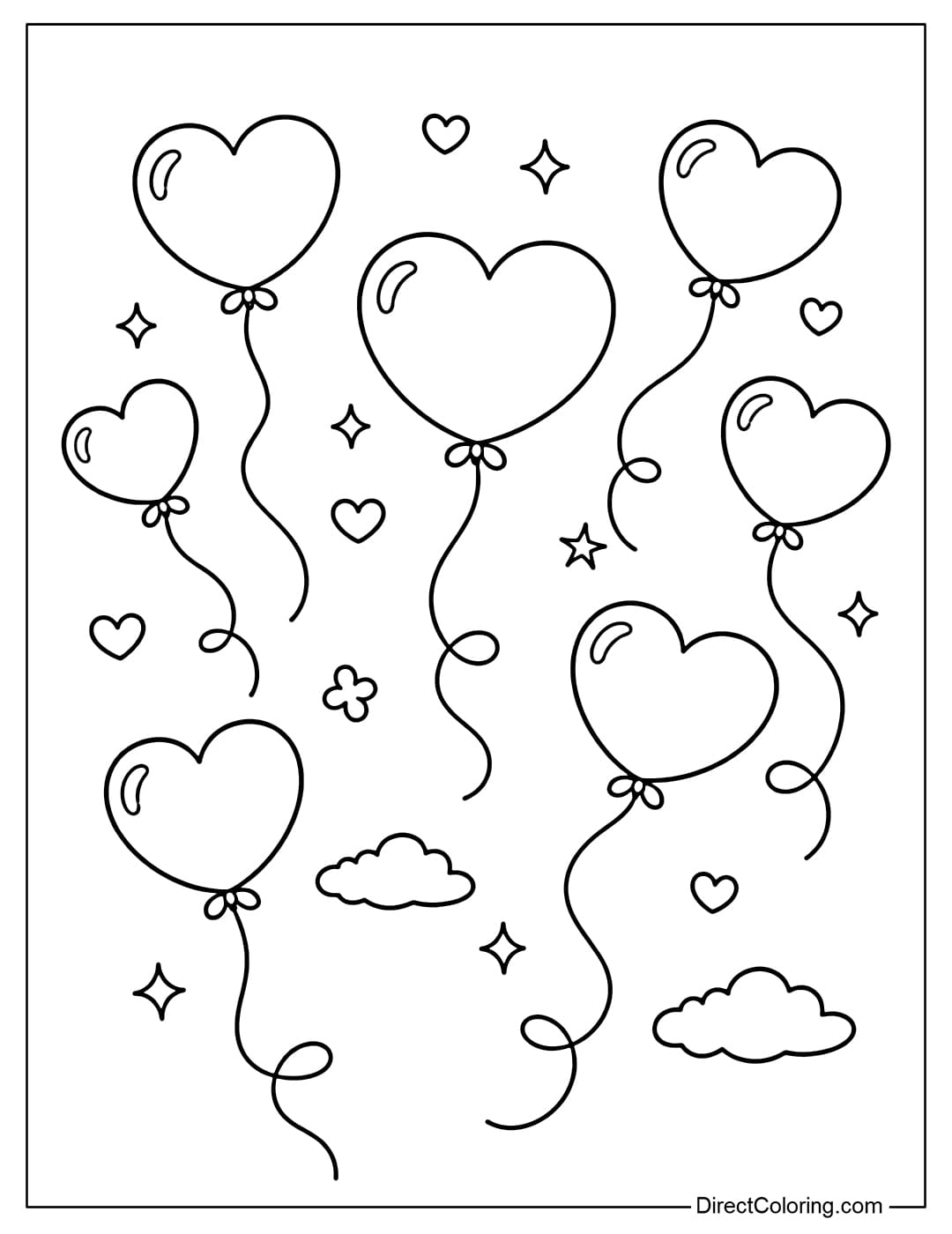 Coloring page featuring gently floating heart-shaped balloons with soft, curved strings.