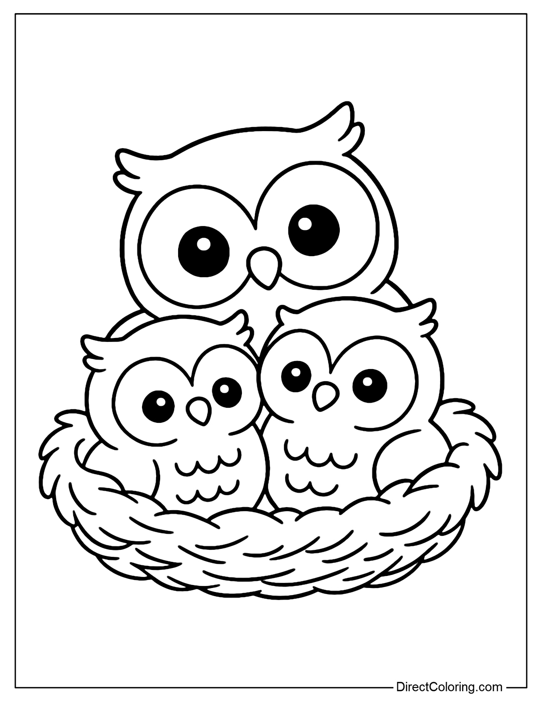 A mother owl and two baby owls huddle together, creating a warm feeling, behind is a nest lined with soft feathers.