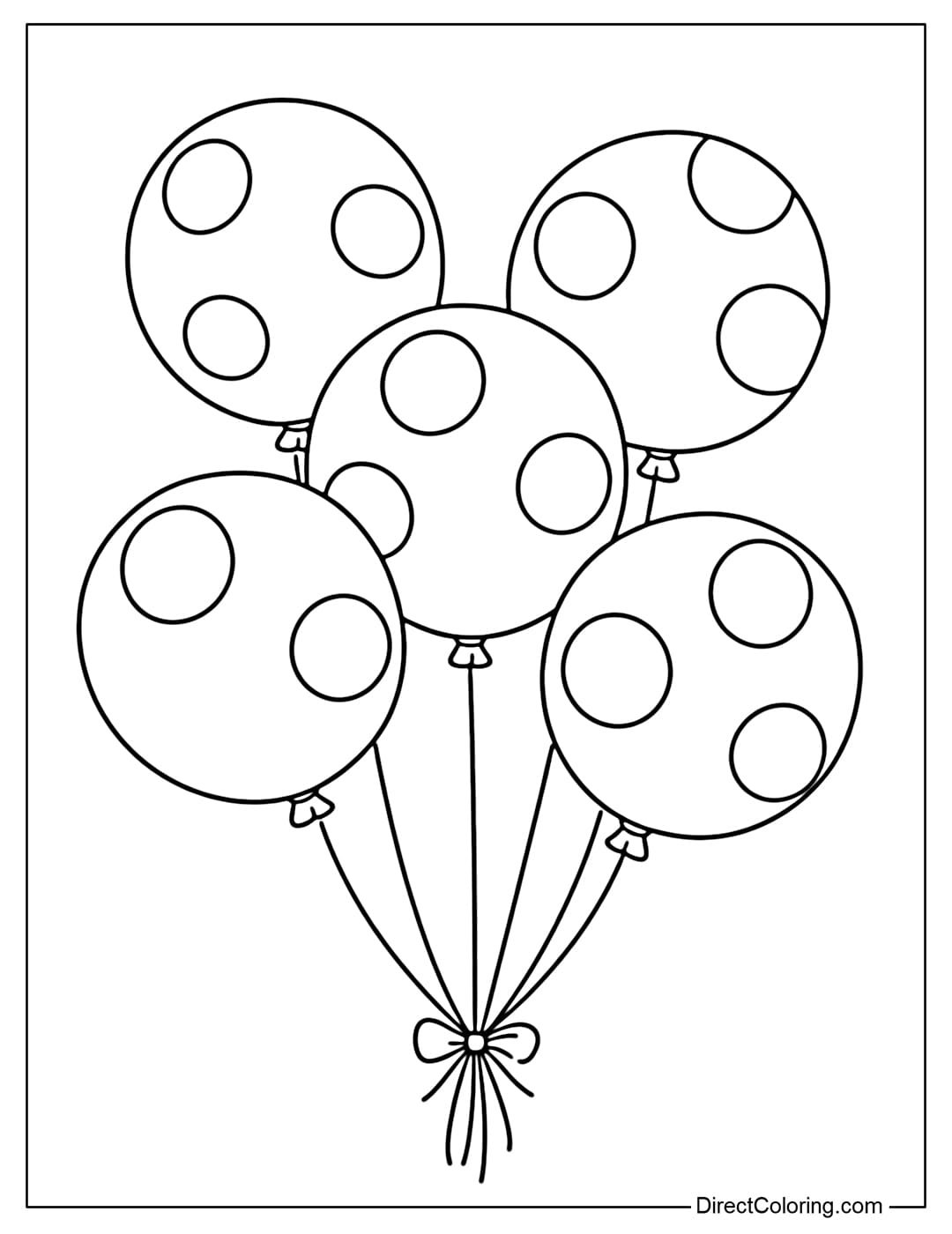 A coloring page of round balloons with large polka dot patterns.