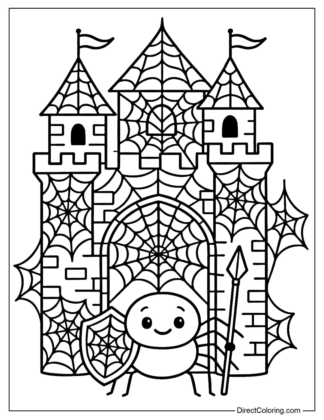 A majestic spider web castle coloring page, a spider standing guard at the gate like a knight.