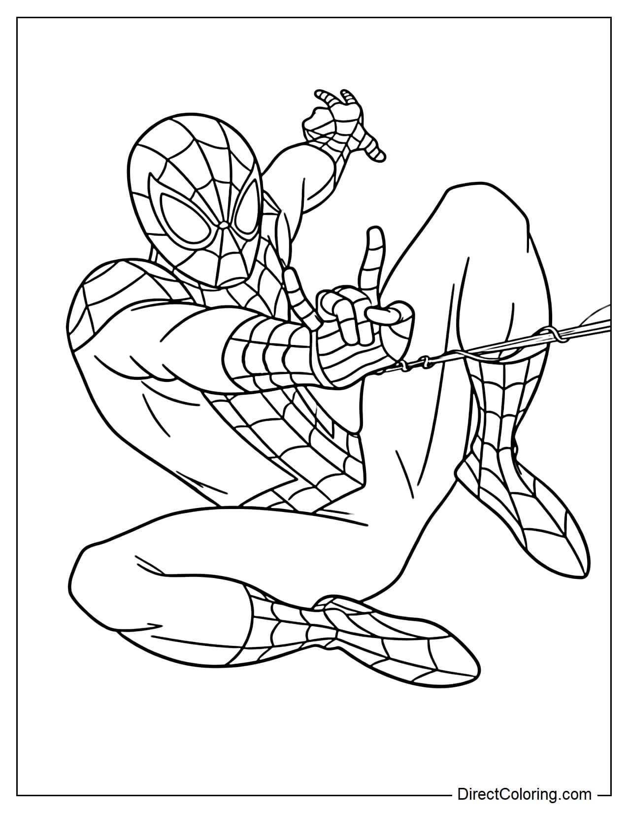 Spider-Man in a dynamic mid-air web-slinging pose, holding a web line and making his iconic hand gesture. Full-body action shot.