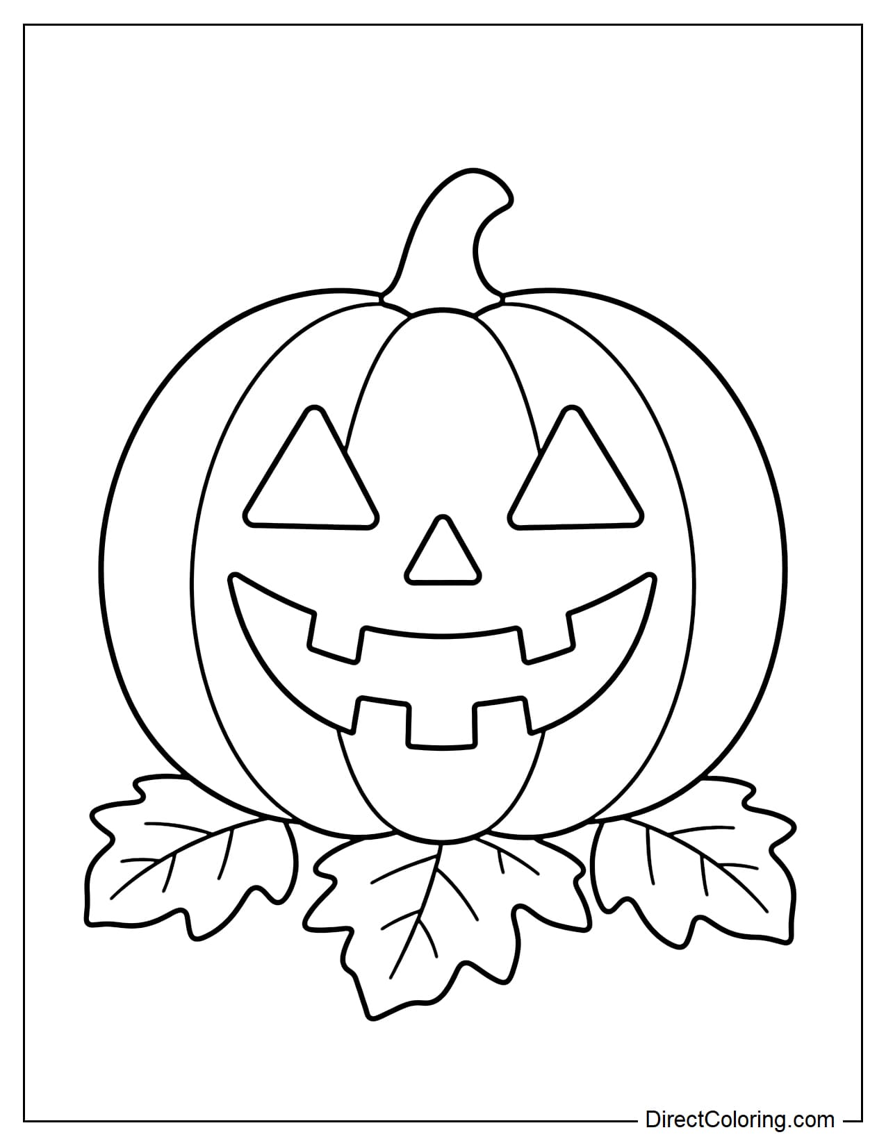 A large classic jack-o'-lantern with triangle eyes, a small nose, and a fun jagged smile, with a few big autumn leaves below.