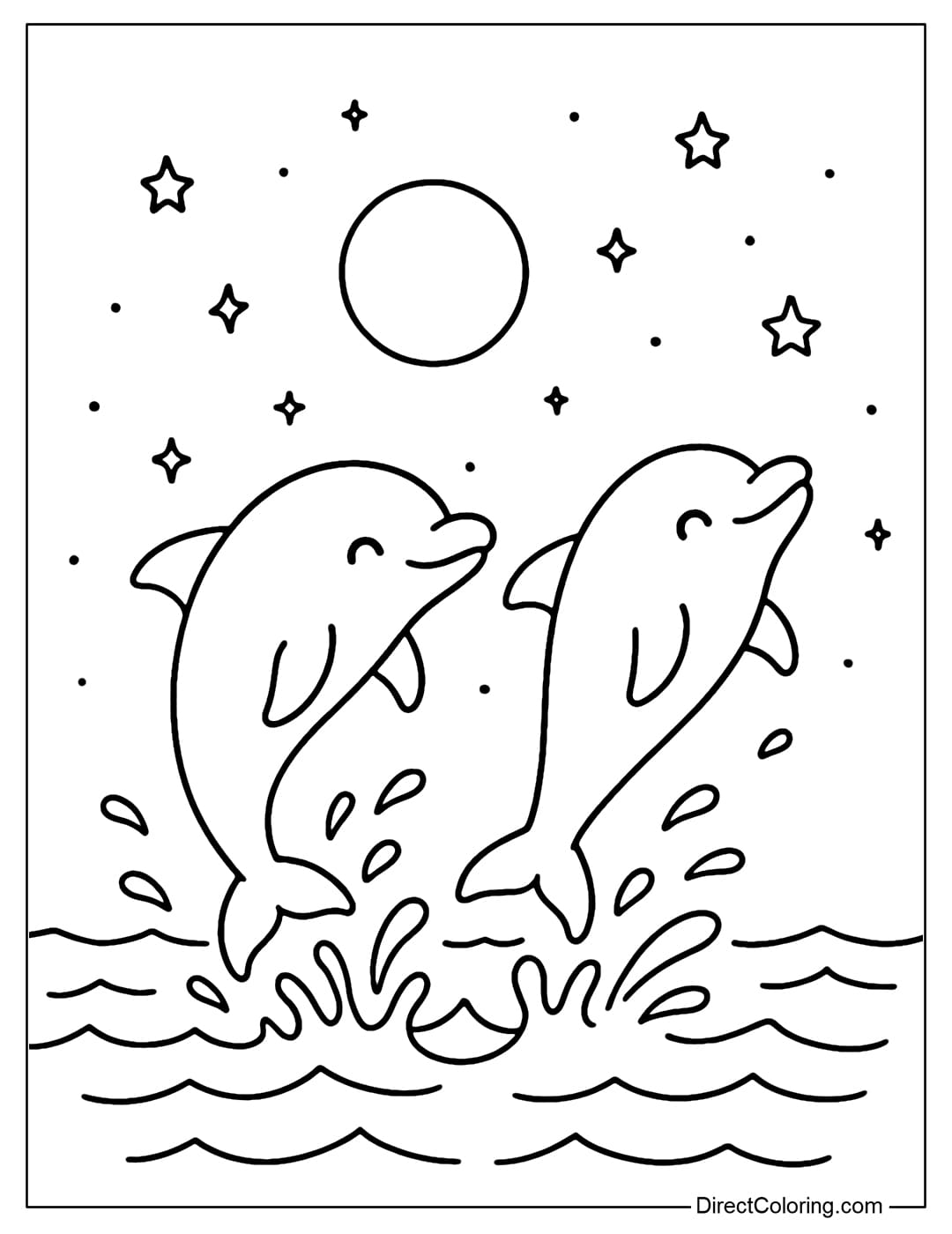 A coloring page of a pair of dolphins jumping out of the night sea, surrounded by sparkling waves of moonlight.