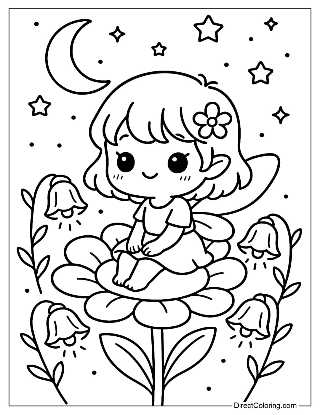 a cute fairy coloring page with small wings sitting on a giant flower, surrounded by softly glowing bellflowers