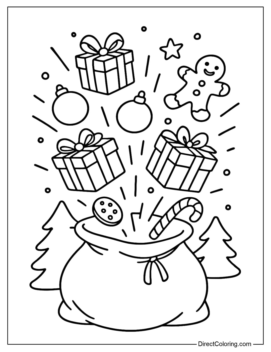 A gift bag coloring page that is open, with gift boxes, baubles, and cookies flying up.