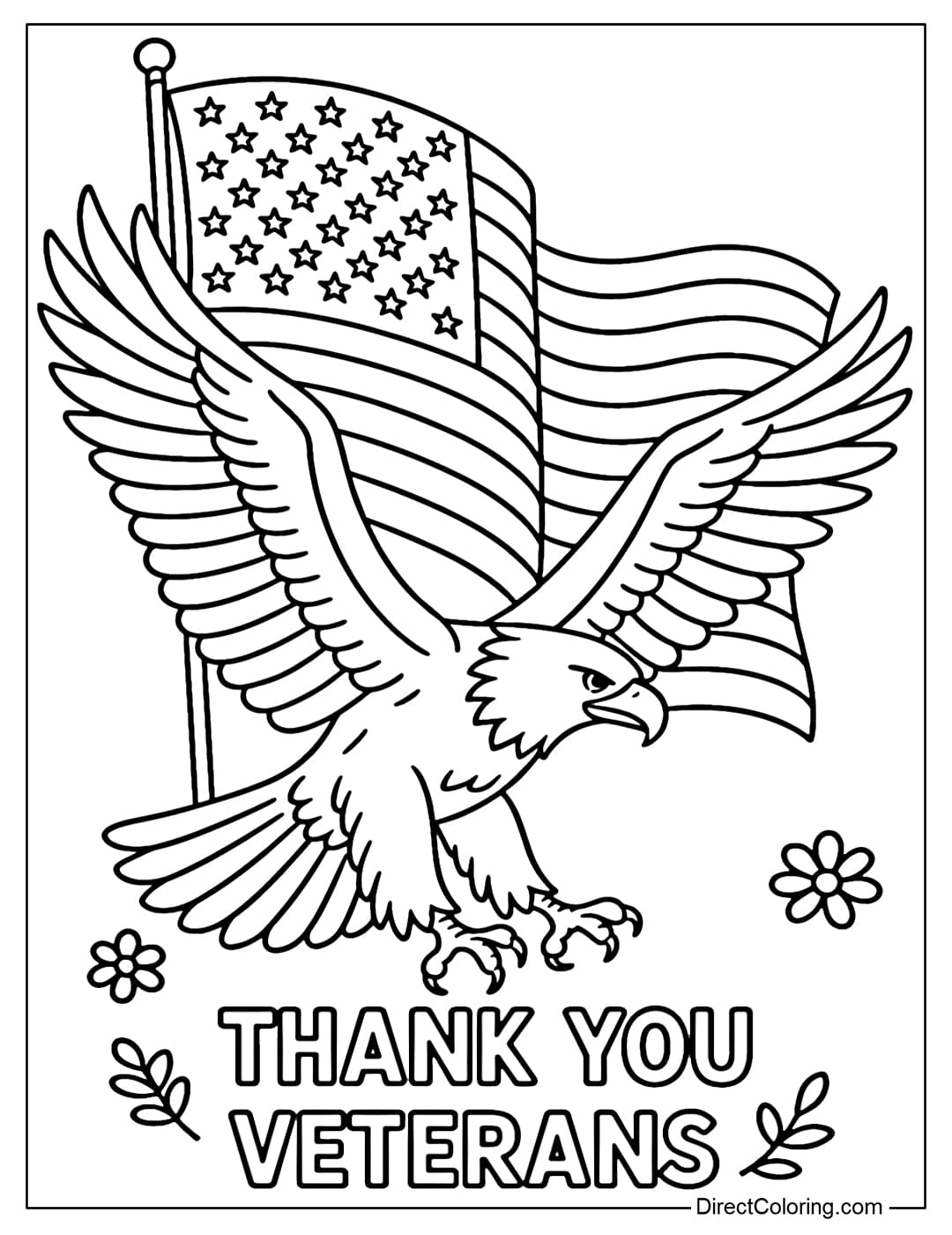 Coloring page of an American eagle spreading its wings, flying with the American flag flying.