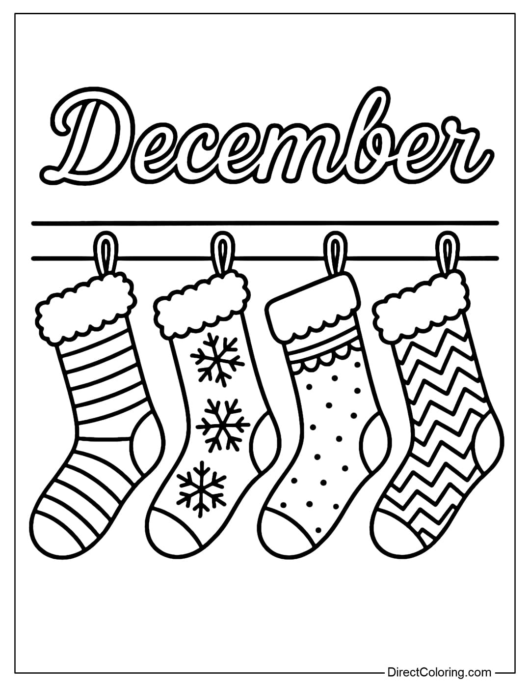 A coloring page of stockings hanging on the wall, each stocking has a different pattern, the word December flies above.