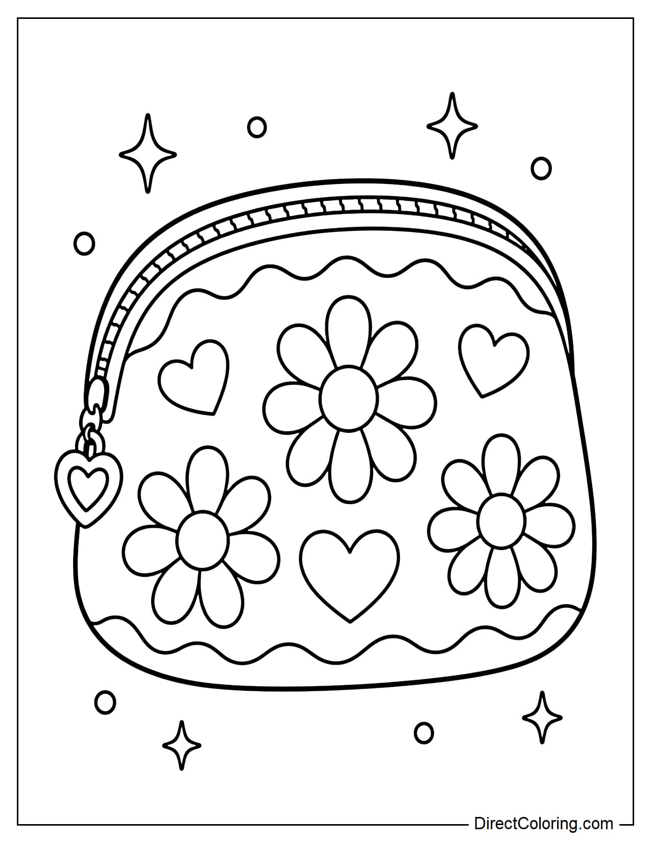 A closed makeup pouch with a soft rounded shape, decorated with sections of daisy, heart, and wavy-line patterns.