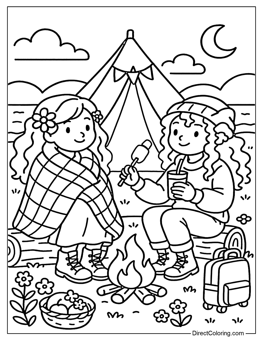 Coloring page of two girls by a tent, one roasting marshmallows, the other hugging a blanket.