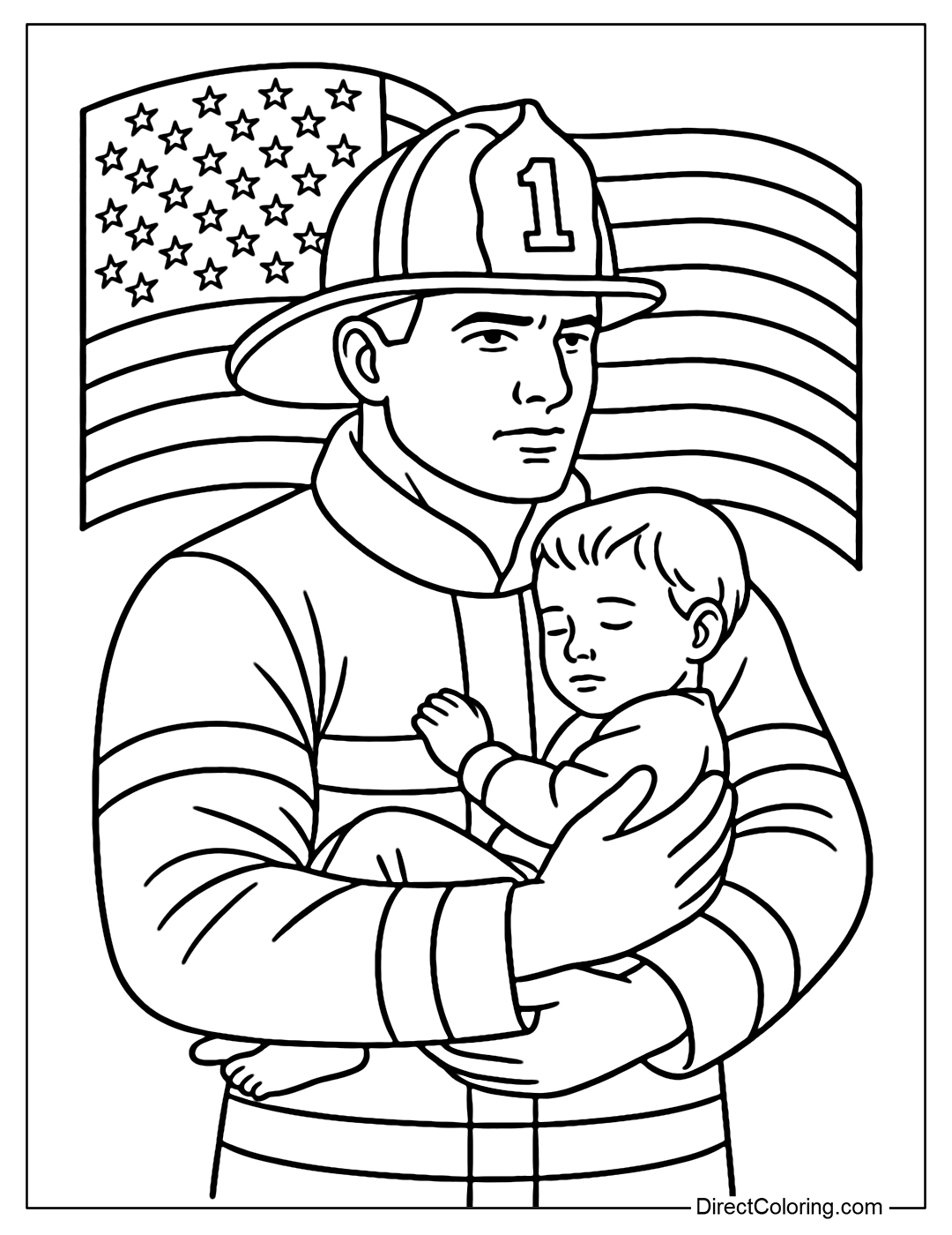 A firefighter coloring page holding a baby safely, with the American flag in the background symbolizing protection.