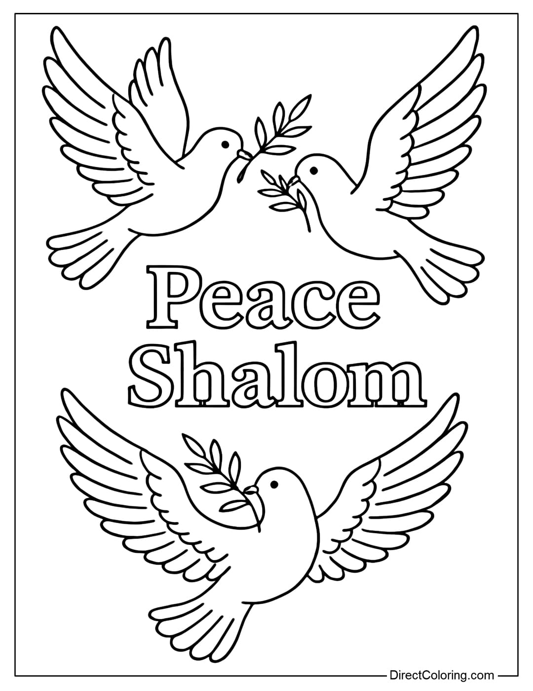 Coloring page of three doves holding olive branches, flying around the word 