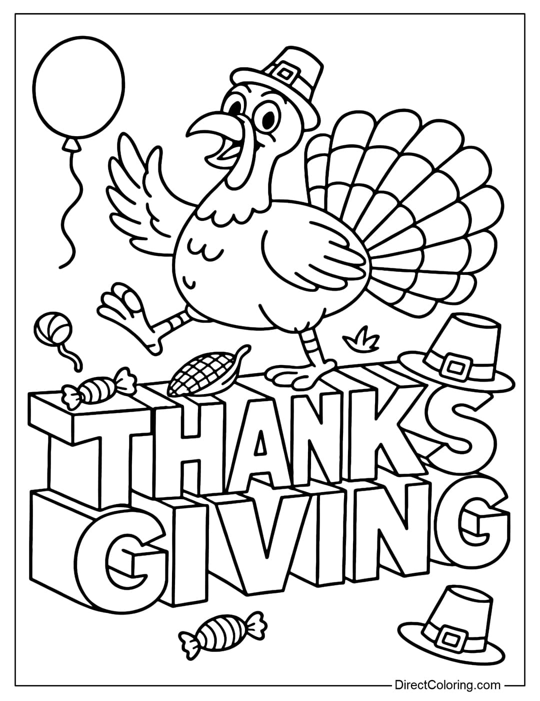 A coloring page of a turkey walking rhythmically on the words 