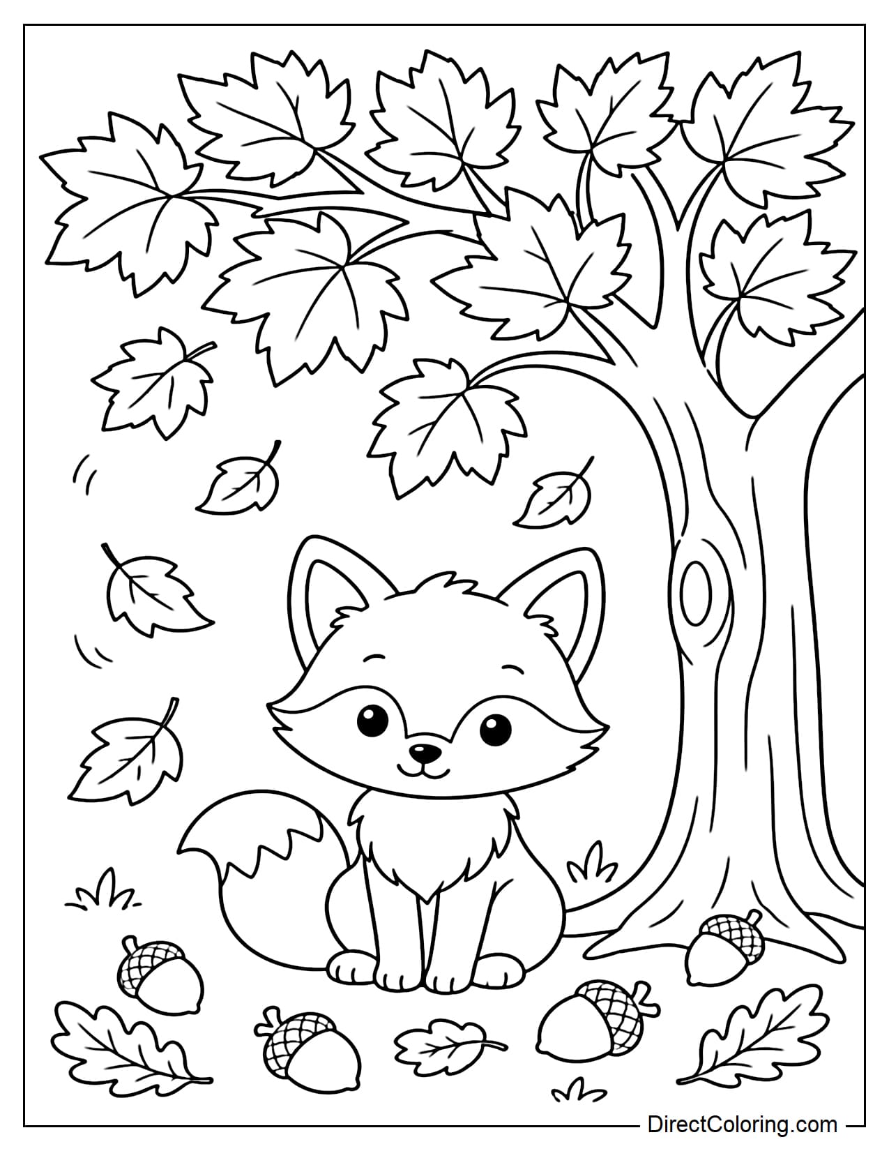 A cute fox sits under a maple tree, with acorns and gently falling leaves beside it.