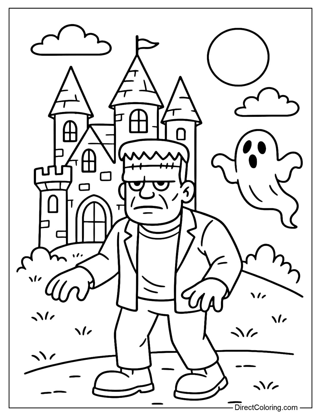 Frankenstein coloring page in front of a haunted castle, the windows are dimly lit, and a ghost flies out.
