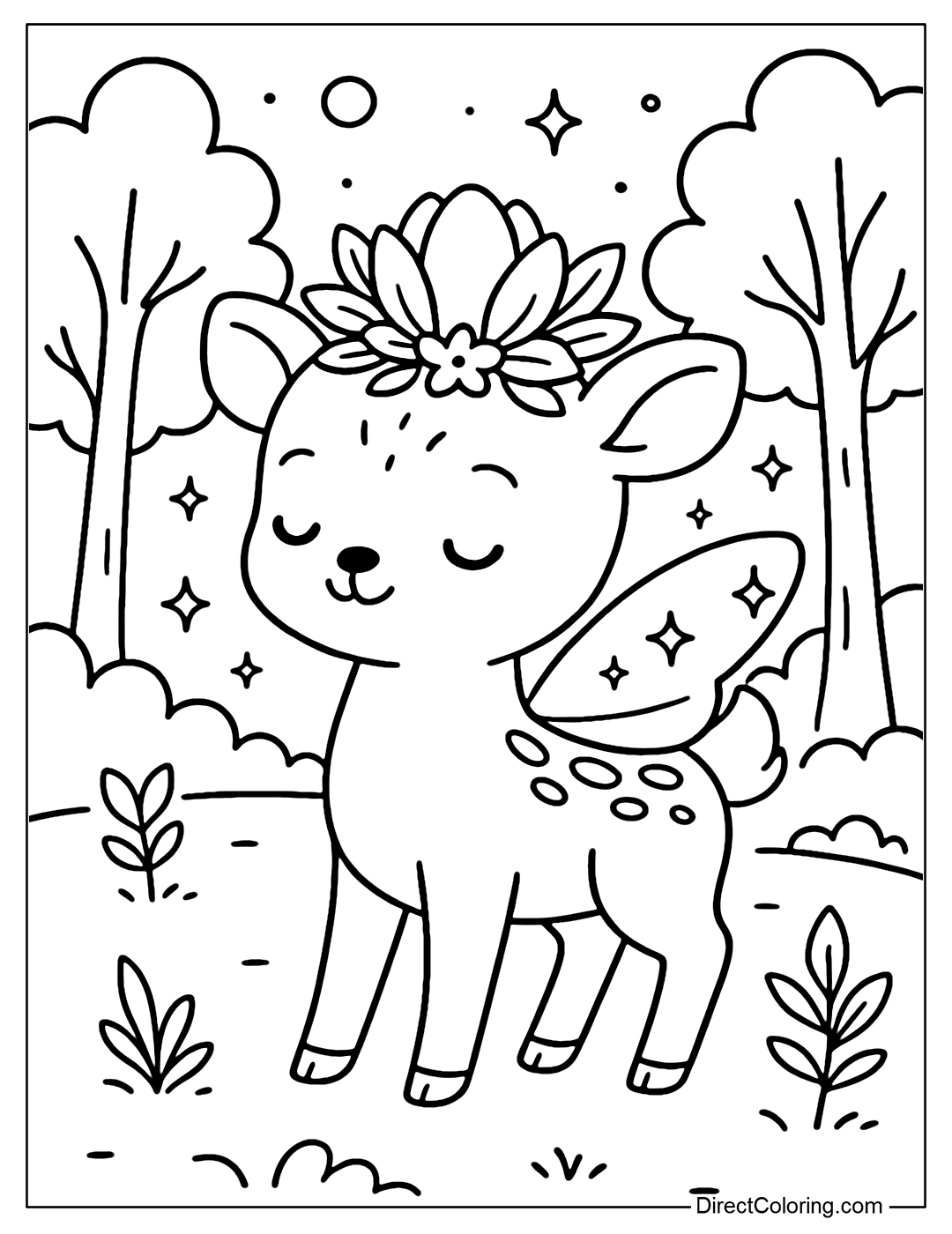 A coloring page of a little deer with sparkling fairy wings, wearing a magnolia crown, standing in the middle of the early morning forest.