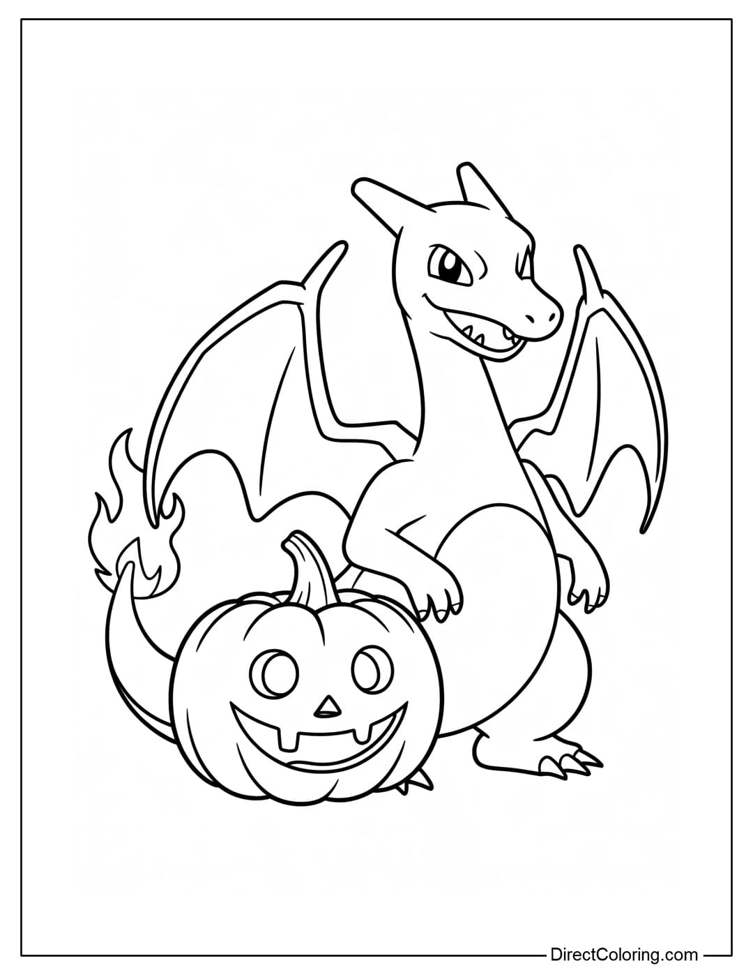 Coloring page of Charizard sitting next to a large pumpkin with a Halloween smiley face, the flame on its tail shining softly.
