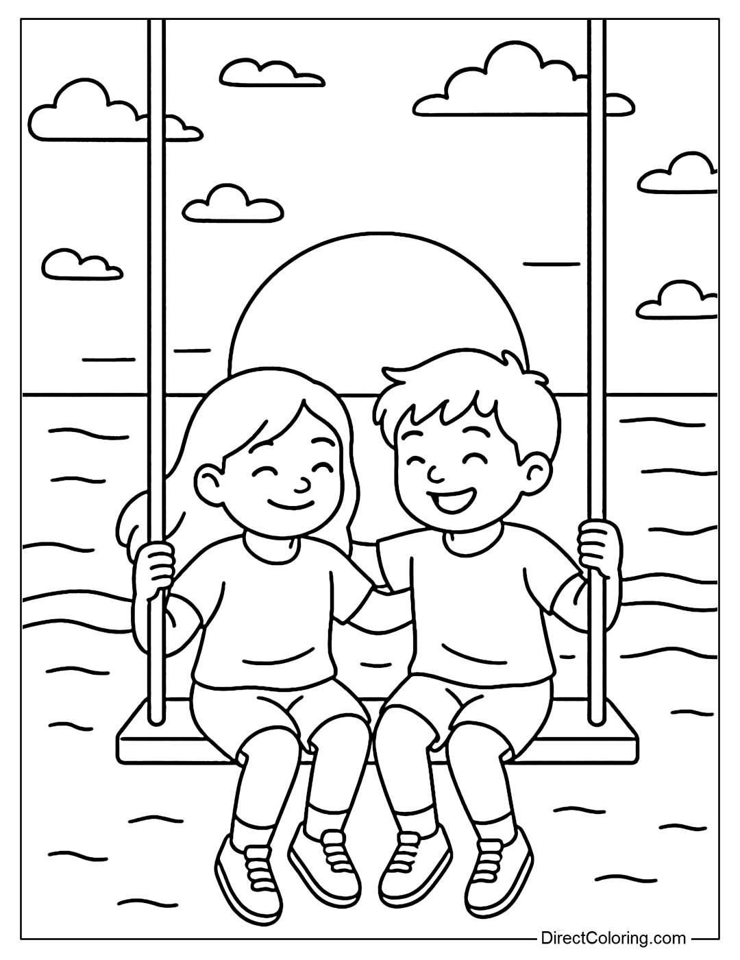 Coloring page of two friends sitting on a long swing, swaying in front of the sunset sky.