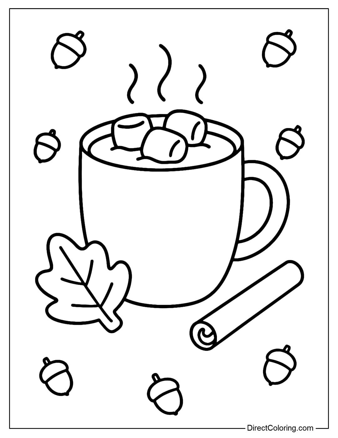 Hot Drink Set Coloring Page Coloring page of a combo of hot cocoa, leaf-shaped cookies, and cinnamon sticks, with a background of scattered acorns.