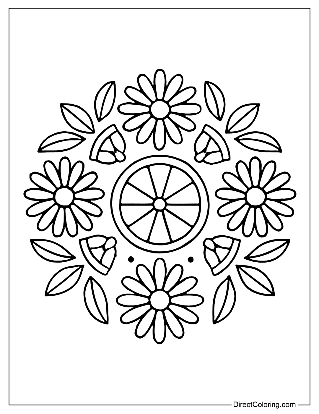 Coloring page of a mandala pattern from many evenly rotated lemon slices, alternating with symmetrical beads and leaves.